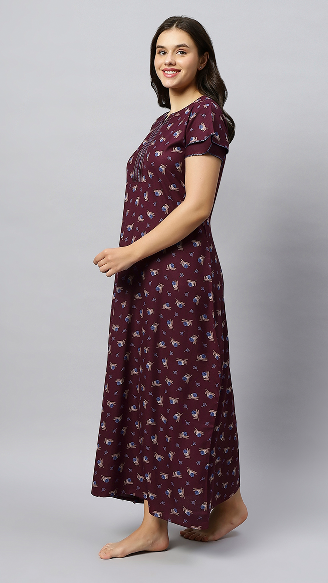 Sukanya Women's Floral Lounge Wear Gown - Regular Fit, Ideal for Women's, Lounge Wear,  Viscose Rayon, Floral, Half Sleeves, Round, Wine, Green & Mustard