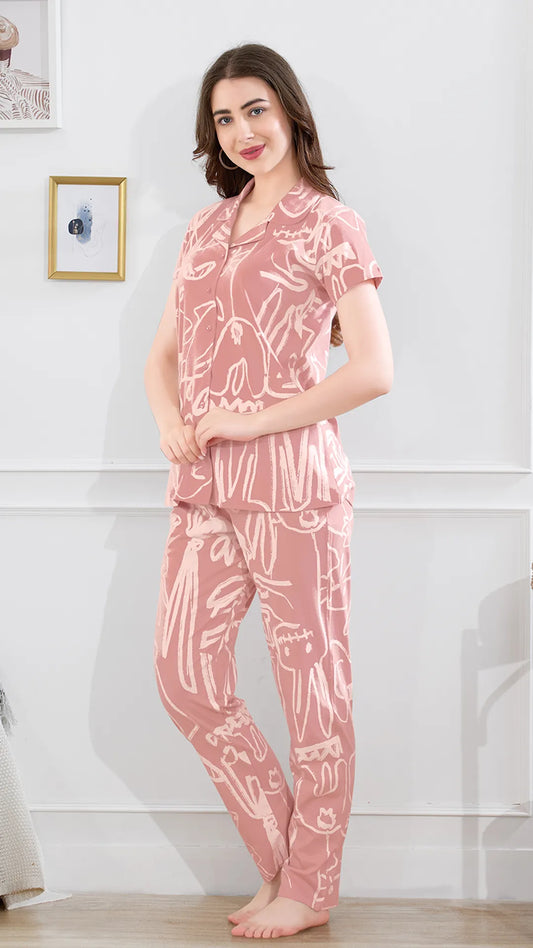 Sukanya  Women's Printed Sinker Nightsuit Set, Frount Open Lounge Wear Nightdress Pyjama Set Sleepwear, Peach Printed Half Sleeves Round Neck
