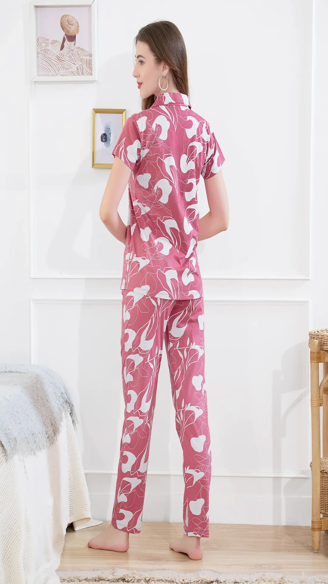 Rose Pink Printed Half Sleeves Round Neck
