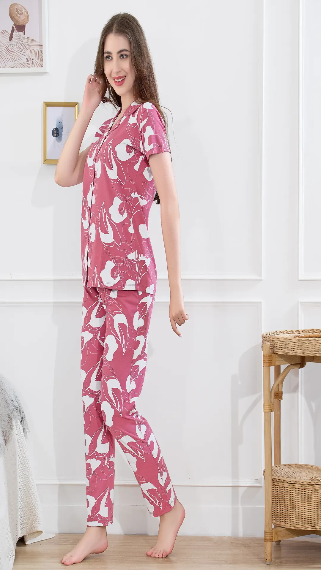 Rose Pink Printed Half Sleeves Round Neck