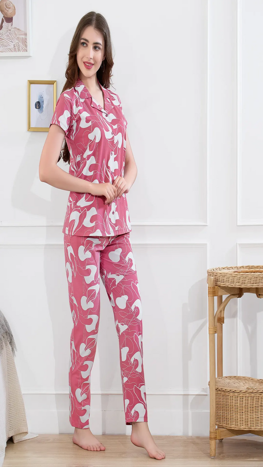 Rose Pink Printed Half Sleeves Round Neck