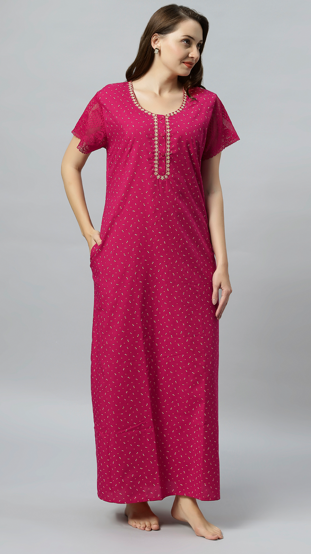 Sukanya Women's Embroidered Poly Cotton Lounge Wear Gown -  Regular Fit, Ideal For Women's, Lounge Wear, Half Sleeves, Round Neck