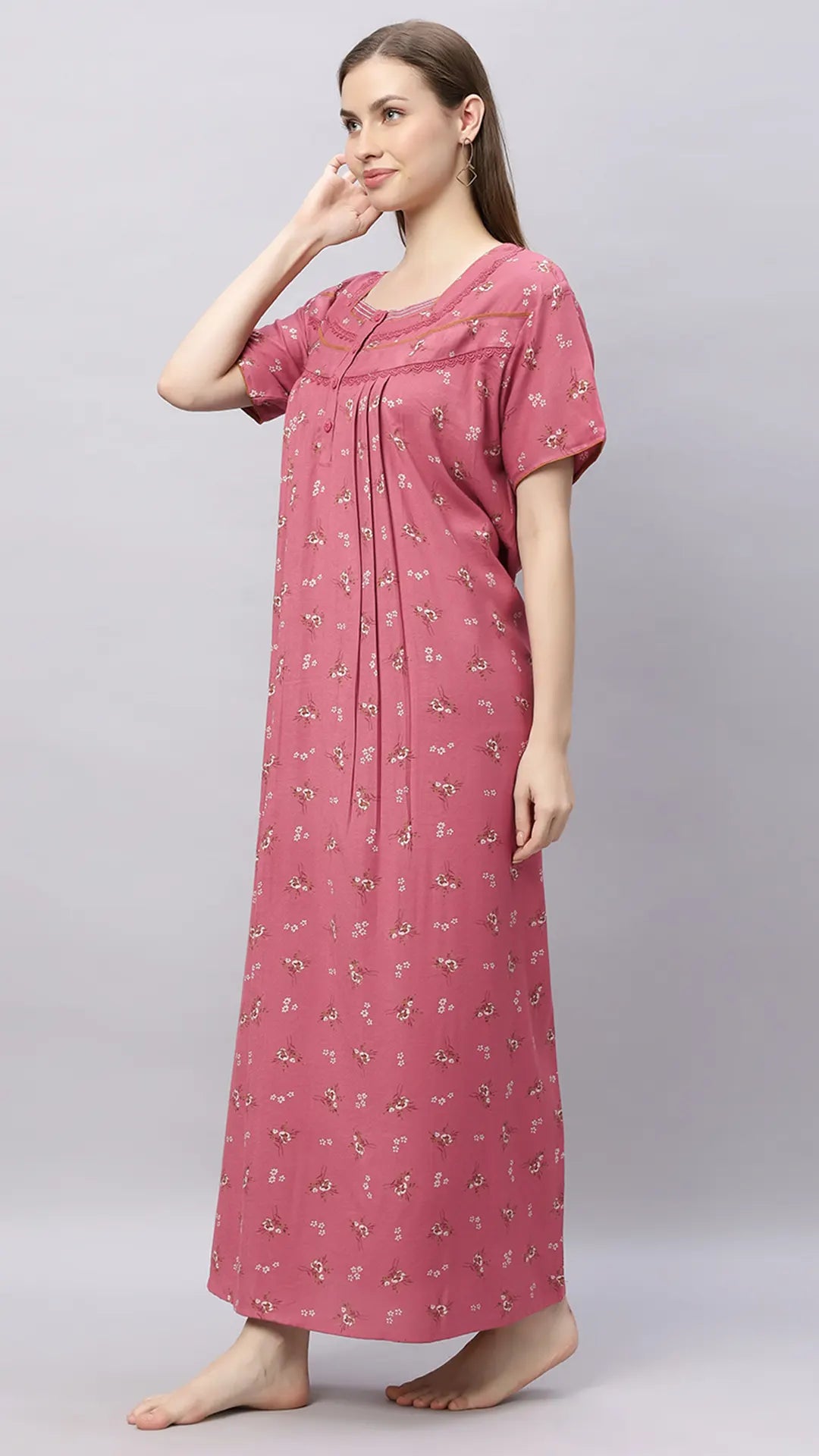 Sukanya Comfortable Women's Full Length Cotton Blend Half Sleeves Nighty, Soft and Elegant Print Sleepwear