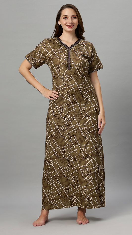Sukanya Women's Printed Lounge Wear Gown -  Regular Fit, Ideal For: Women's, Occasion Type: Lounge Wear, Fabric Type: Viscose Polyster, Sleeve Type: Half Sleeves, Color: Mustard, Collar: V neck
