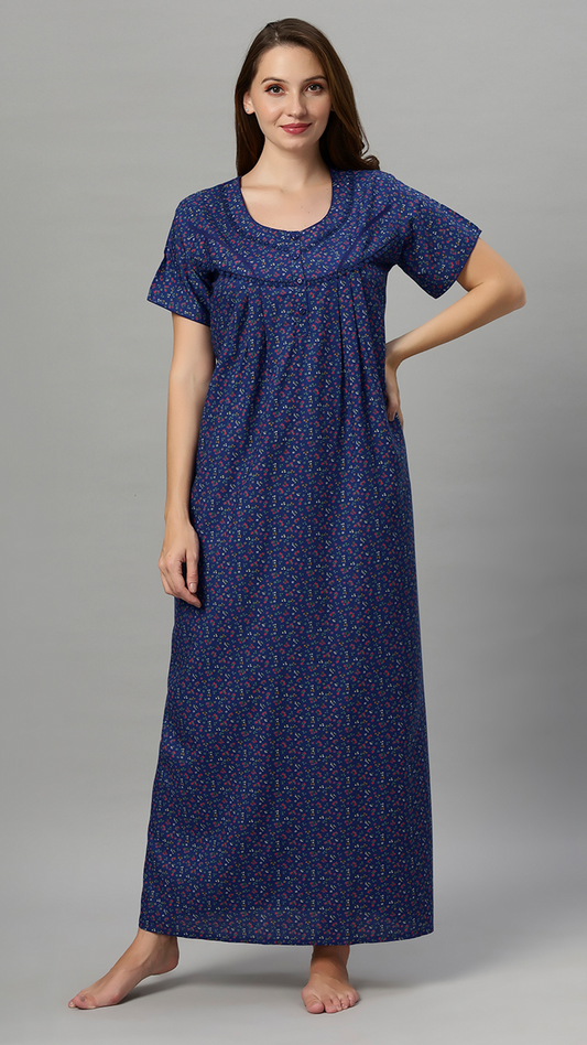 Sukanya Women's Floral Print Lounge Wear Gown - Poly Cotton, Regular Fit, Ideal For Women's, Lounge Wear, Flower Print, Half Sleeves, Round Neck, Blue, Red & Yellow