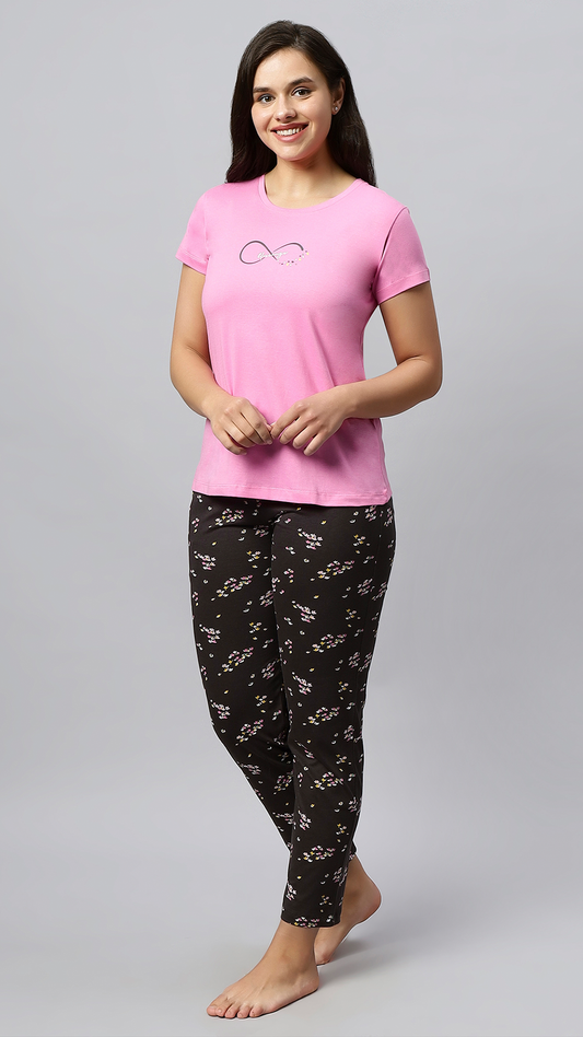Sukanya Women's Printed Lounge Wear Top & Payjama Set, Sinker Fabric, Regular Fit, Ideal for Women's, Lounge Wear, Half Sleeve, Round Neck, Pink