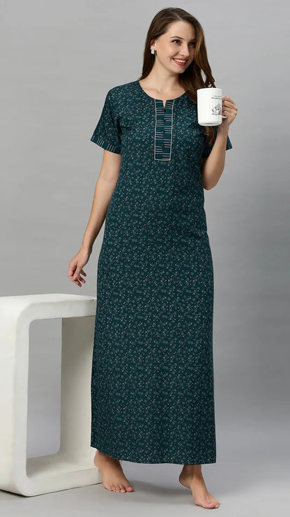 Suaknya Women's Floral Print Lounge Wear Gown  Polly Cotton, Regular Fit, Half Sleeves, V Neck