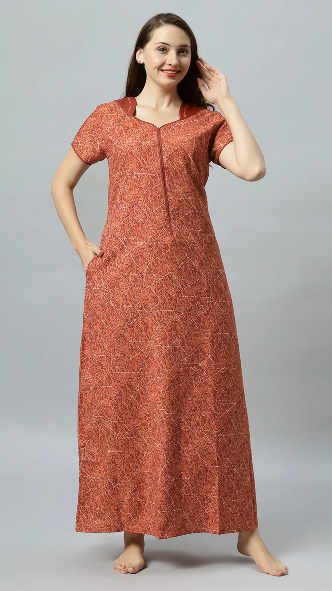 Sukanya Women's Printed Poly Cotton Lounge Wear Gown - Brown, Regular Fit, Ideal For: Women's, Occasion: Lounge Wear, Sleeve Type: Half Sleeves, Collar Type: V-neck