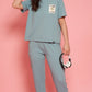 Lunica Women's Printed Sinker Nightsuit Set , Regular Fit Loungewear , Ideal for Women , Lounge Wear Nightdress Pyjama Set Sleepwear , Sky Blue Printed Half Sleeves Round Neck