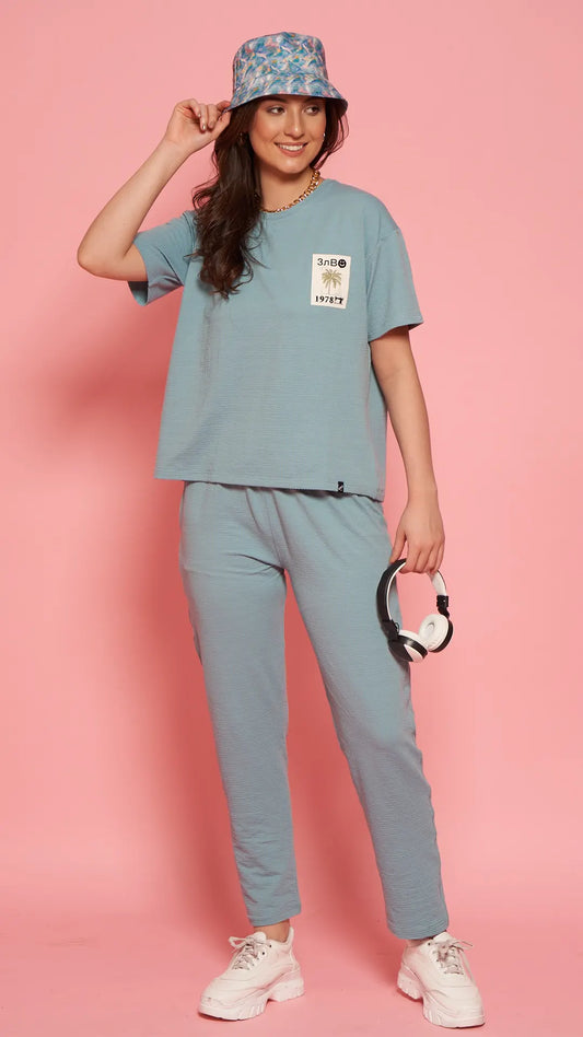 Lunica Women's Printed Sinker Nightsuit Set , Regular Fit Loungewear , Ideal for Women , Lounge Wear Nightdress Pyjama Set Sleepwear , Sky Blue Printed Half Sleeves Round Neck