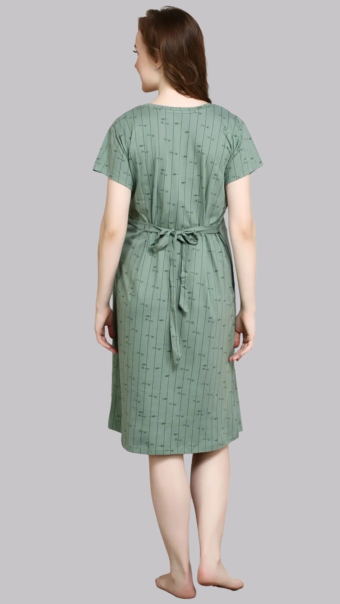 Sukanya Women's Cotton  Calf Length Maternity Nighty / Green Printed Half Sleeves Round Neck