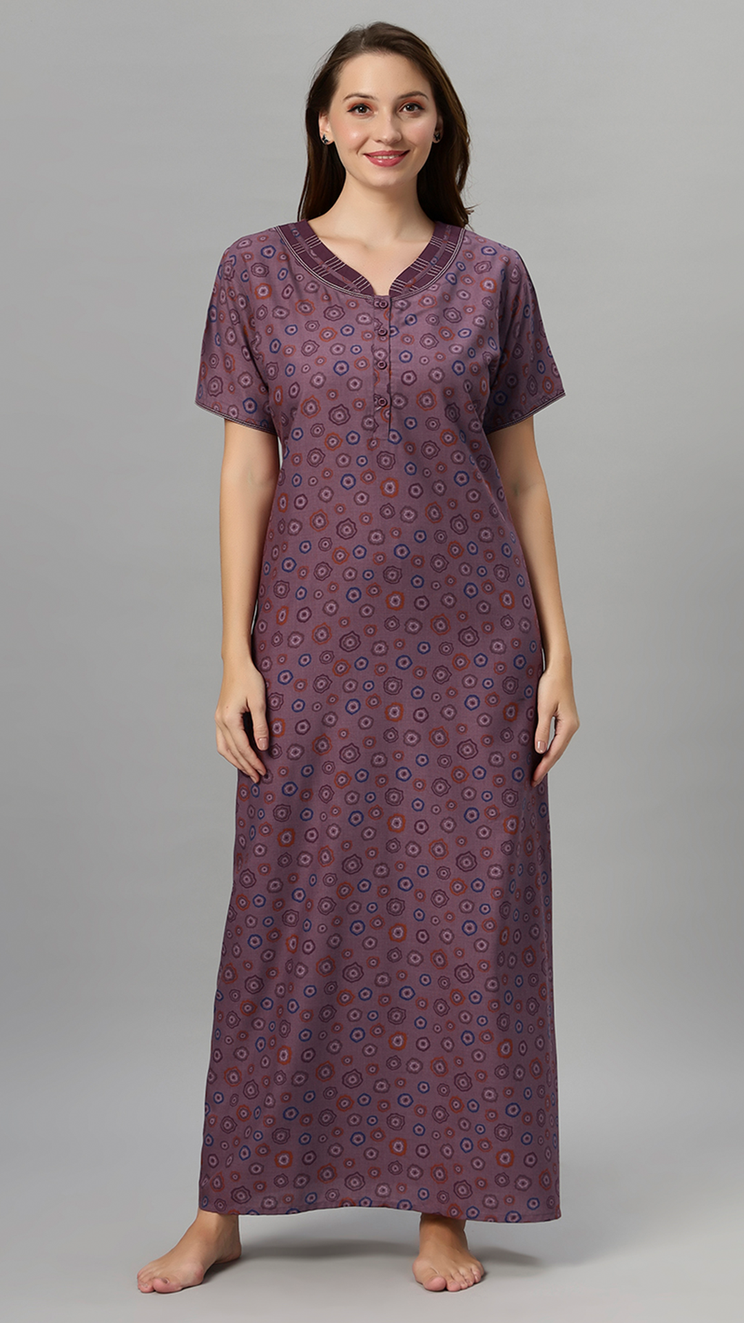 Sukanya Women's Floral Printed Blue, Wine & brown Polly Cotton Lounge Wear Gown - Regular Fit, V Neck, Half Sleeves
