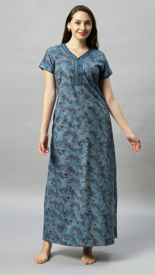 Sukanya Women's Blue, Green & Red, Floral Printed Poly Cotton Lounge Wear Gown - Regular Fit, V-neck, Half Sleeves