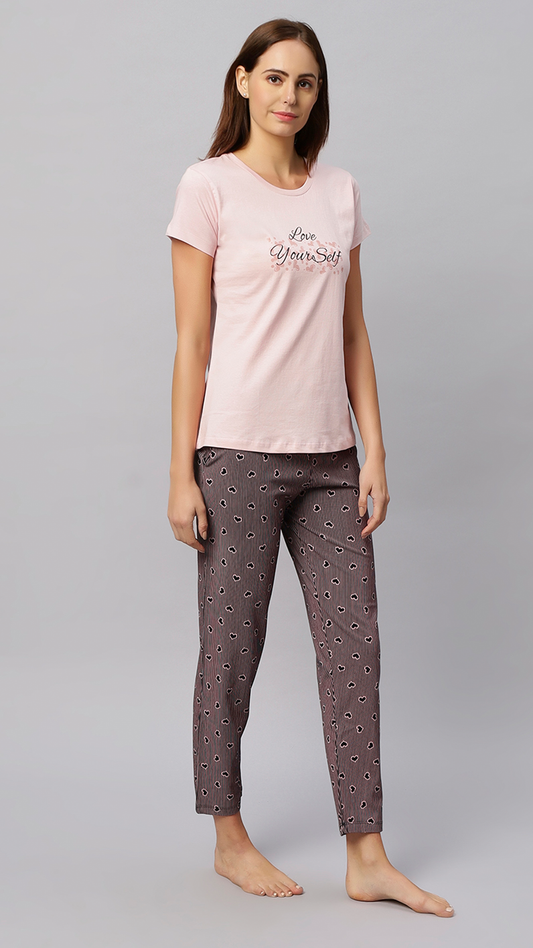 Sukanya Women's Printed Lounge Wear Top & Pyjama Set  Regular Fit, Ideal for Women's, Lounge Wear, Sinker Fabric, Half Sleeve, Round Neck, Light Pink