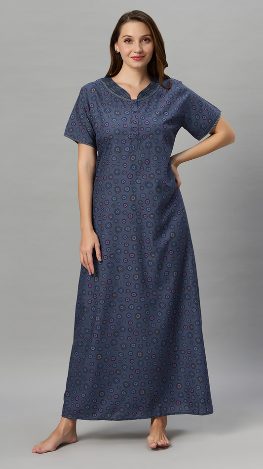 Sukanya Women's Floral Printed Blue, Wine & brown Polly Cotton Lounge Wear Gown - Regular Fit, V Neck, Half Sleeves
