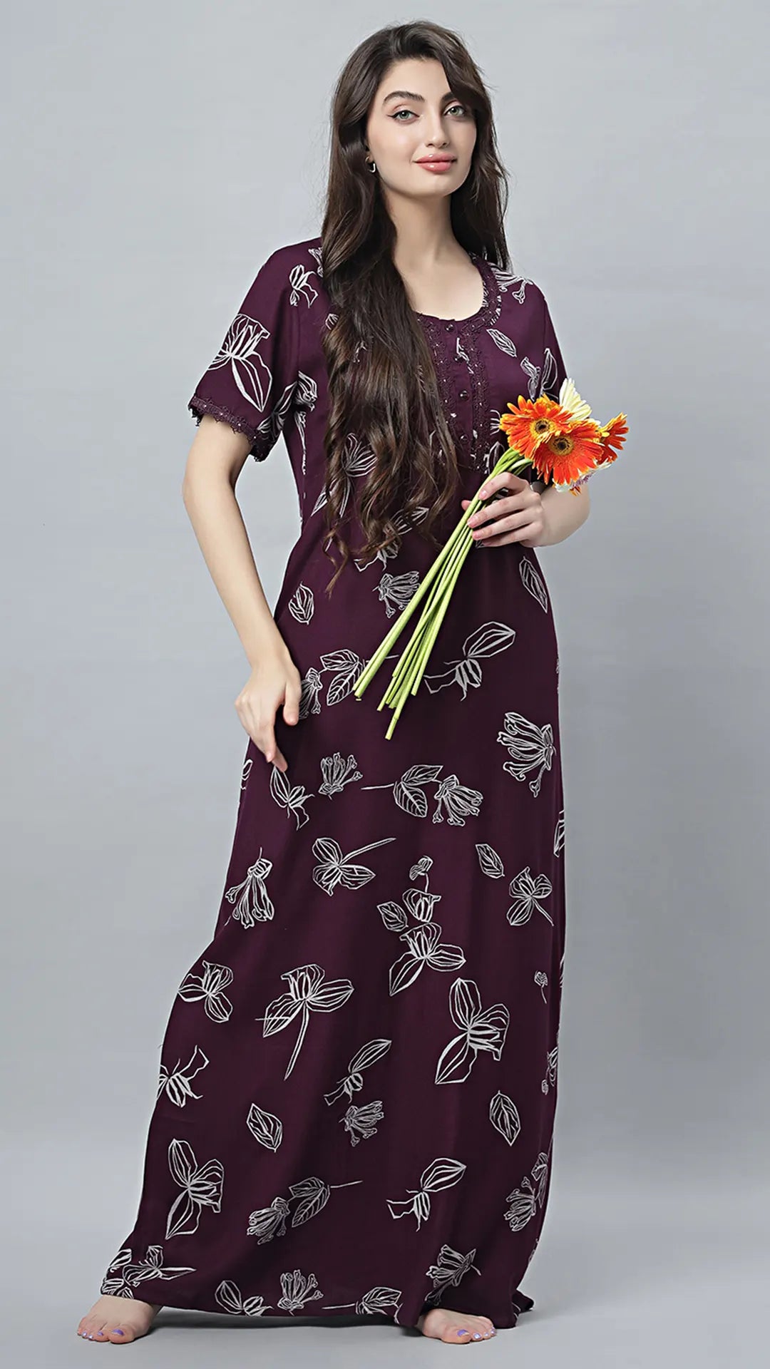 Sukanya Women's Black, Navy Blue & wine, Cotton Blend Printed Nighty - Half Sleeves, Round Neck, Long