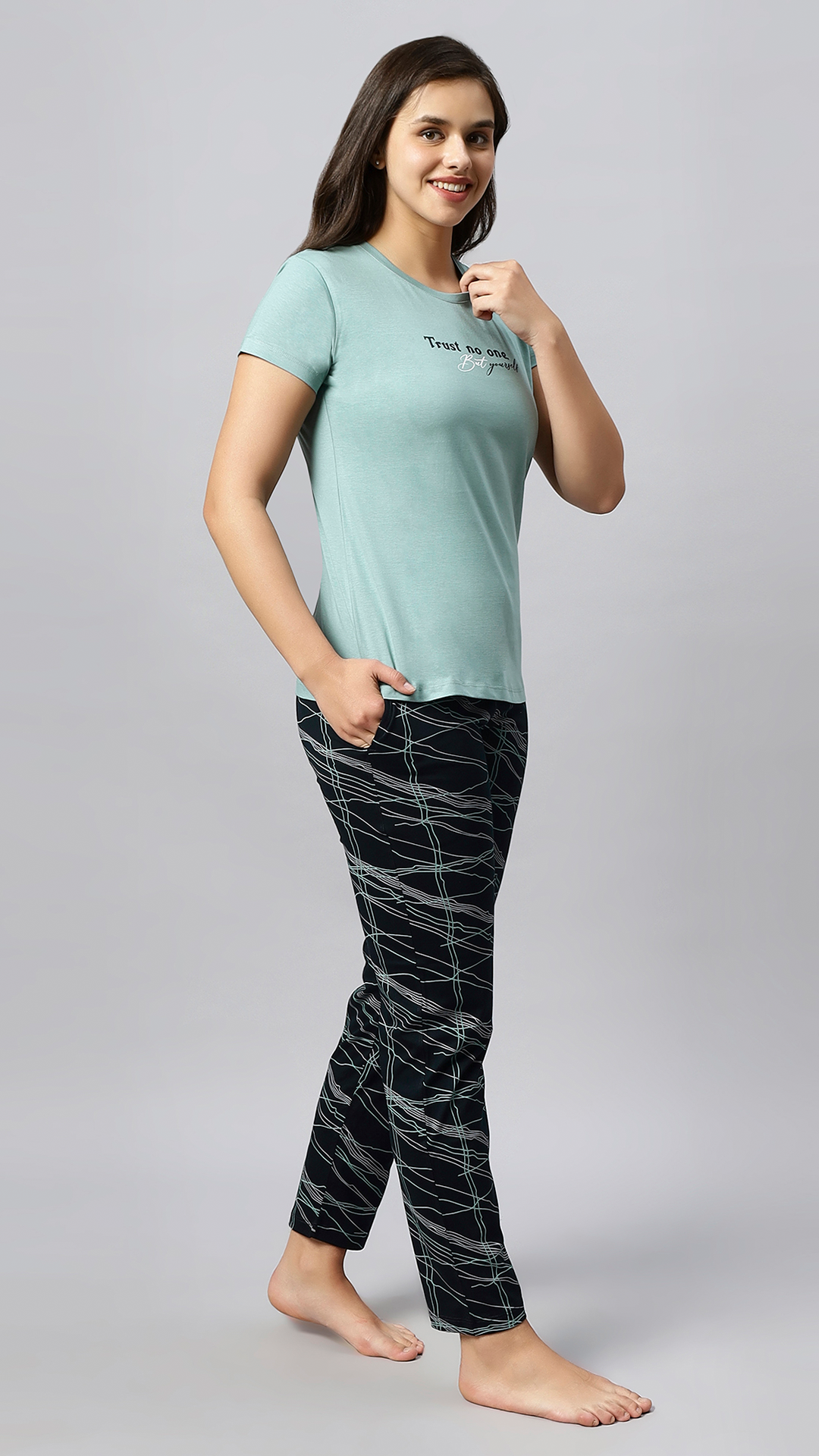 Sukanya Women's Printed Top & Pyjama Set, Regular Fit, Ideal For Lounge Wear, Sinker Fabric, Half Sleeve, Round Neck, Pista