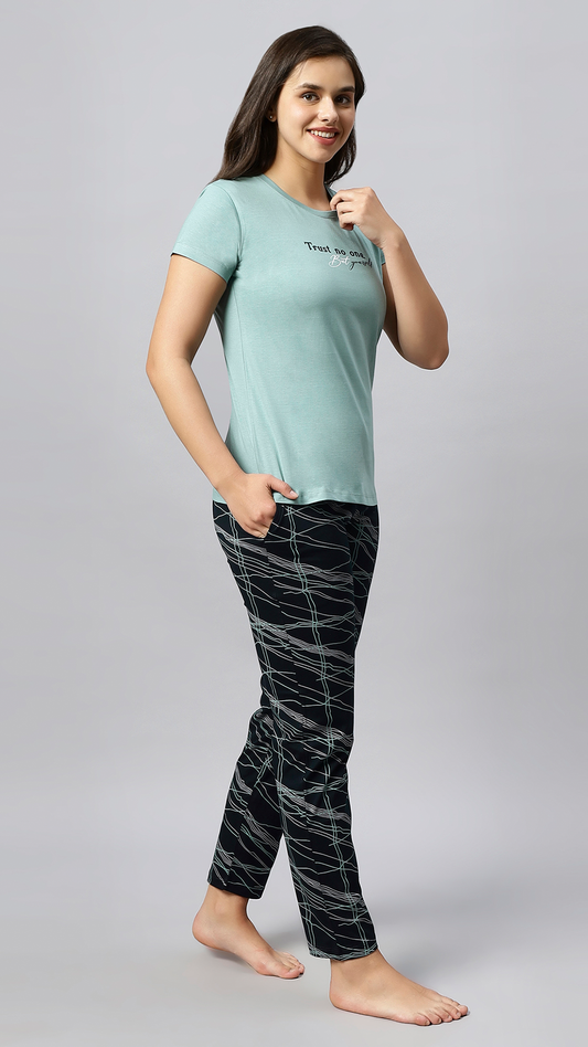 Sukanya Women's Printed Top & Pyjama Set, Regular Fit, Ideal For Lounge Wear, Sinker Fabric, Half Sleeve, Round Neck, Pista