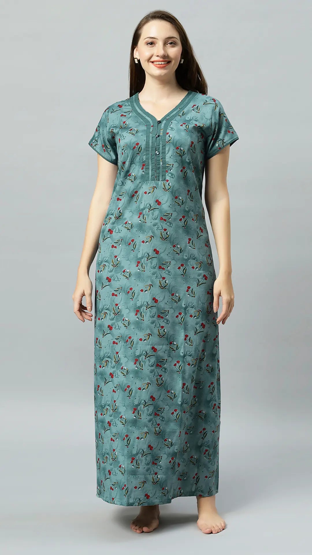 Sukanya Women's Blue, Green & Red, Floral Printed Poly Cotton Lounge Wear Gown - Regular Fit, V-neck, Half Sleeves
