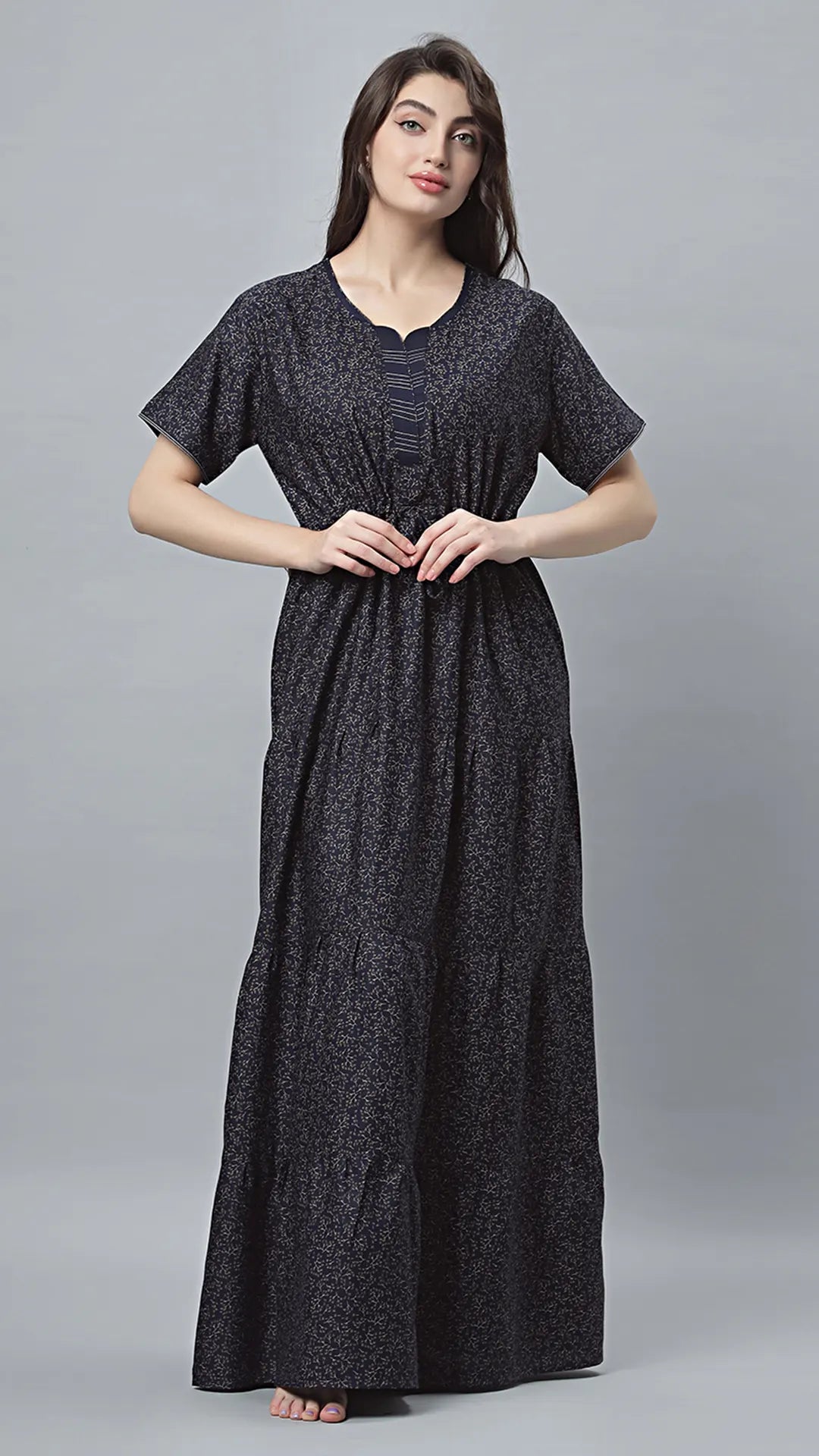 Sukanya Comfortable Women's Full Length Cotton Blend Half Sleeves Nighty, Blue, coffee & Wine, Soft and Elegant Print Sleepwear