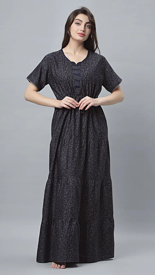Sukanya Comfortable Women's Full Length Cotton Blend Half Sleeves Nighty, Blue, coffee & Wine, Soft and Elegant Print Sleepwear