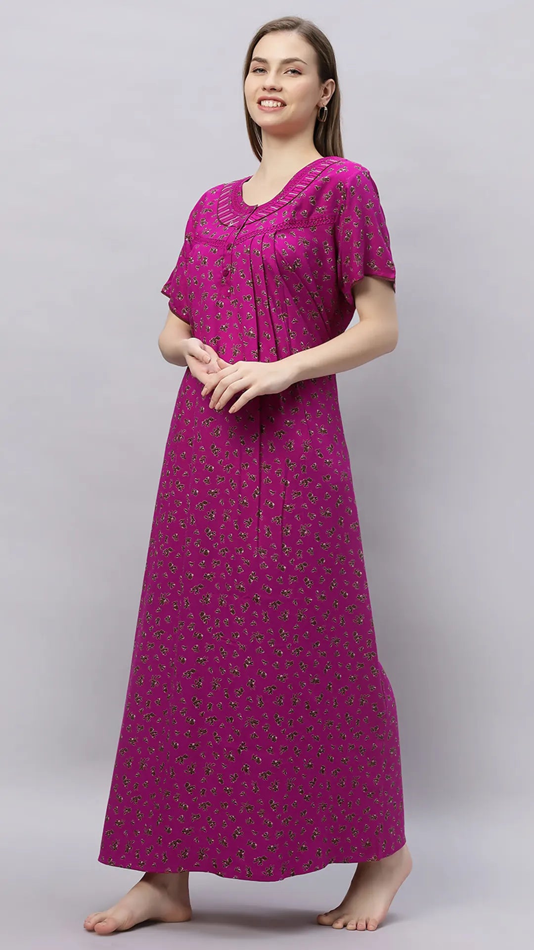 Sukanya Comfortable Women's Full Length Cotton Blend Half Sleeves Nighty, Soft and Elegant Print Sleepwear
