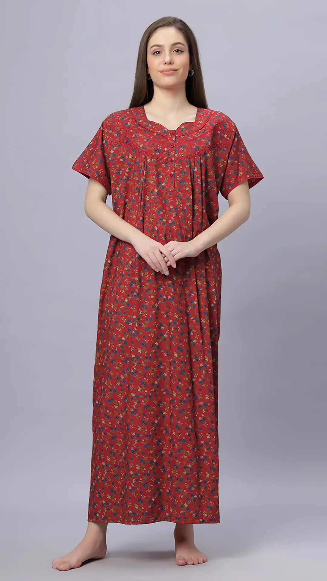 Sukanya Comfortable Women's Full Length Cotton Blend Half Sleeves Nighty, Red, Black & Blue, Soft and Elegant Print Sleepwear