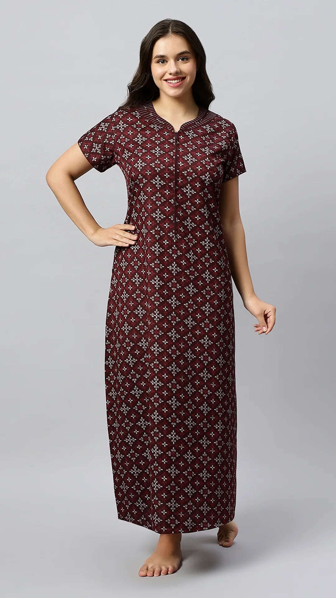 Sukanya Women's Geometrical Lounge Wear Gown - Coffee, Blue & Wine Poly Cotton, Regular Fit, Half Sleeves, Round Neck