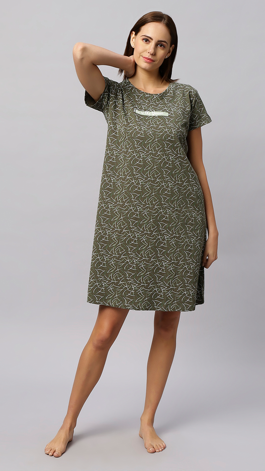 Sukanya Women's Printed Lounge Wear Gown - Olive, Regular Fit, Ideal For: Women's, Occasion Type: Lounge Wear, Fabric Type: Sinker, Sleeve Type: Half Sleeves, Color: Olive, Collar Type: Round Neck