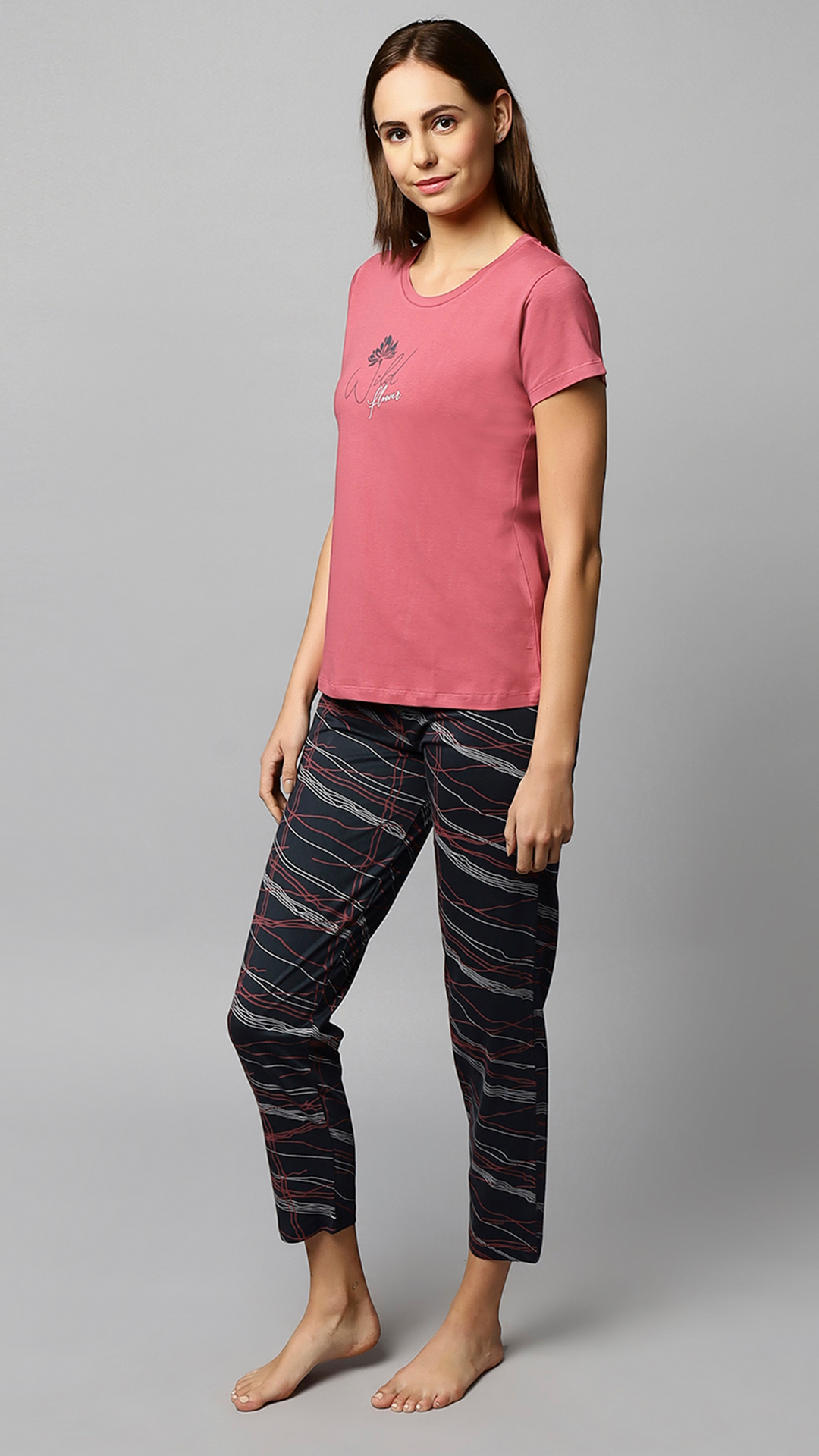 Sukanya Women's Lounge Wear Top & Pyjama Set - Dark Pink, Printed, Sinker Fabric, Regular Fit, Half Sleeve, Round Neck