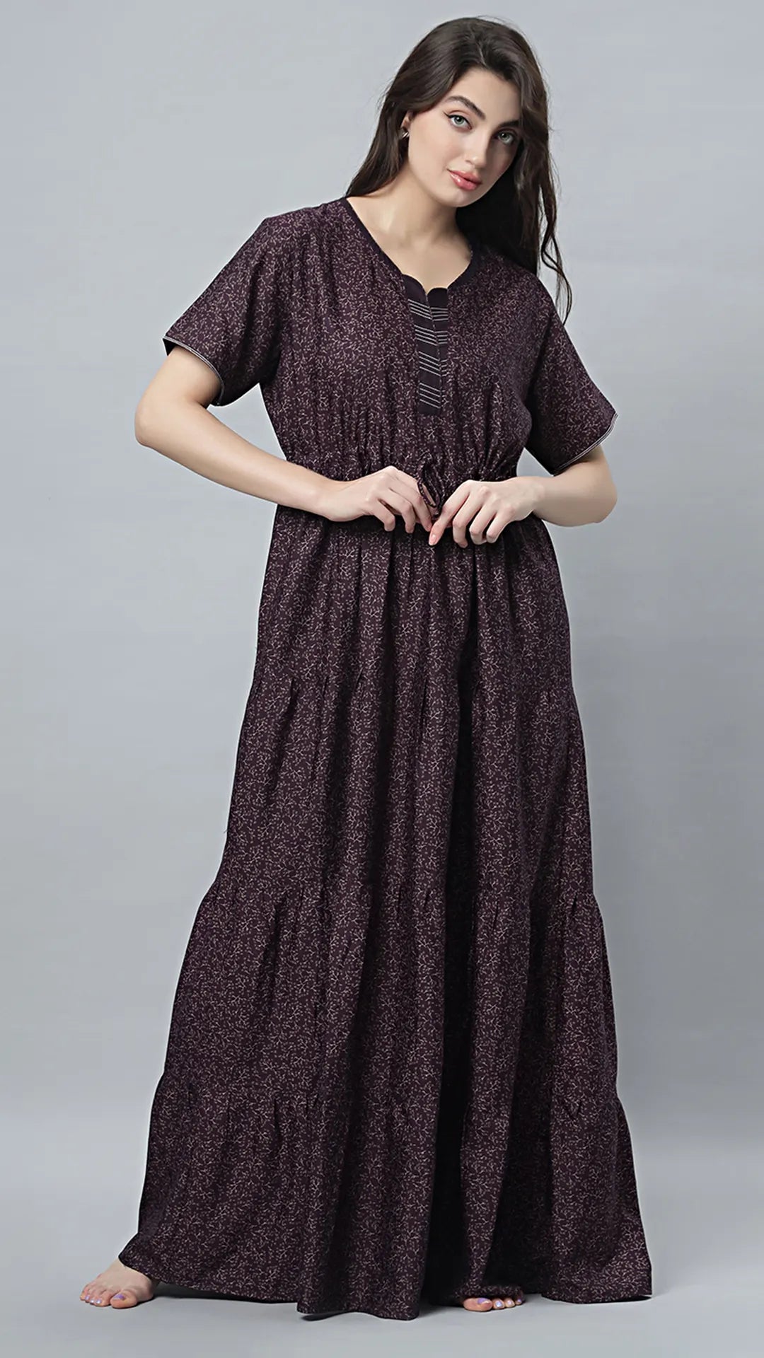 Sukanya Comfortable Women's Full Length Cotton Blend Half Sleeves Nighty, Blue, coffee & Wine, Soft and Elegant Print Sleepwear
