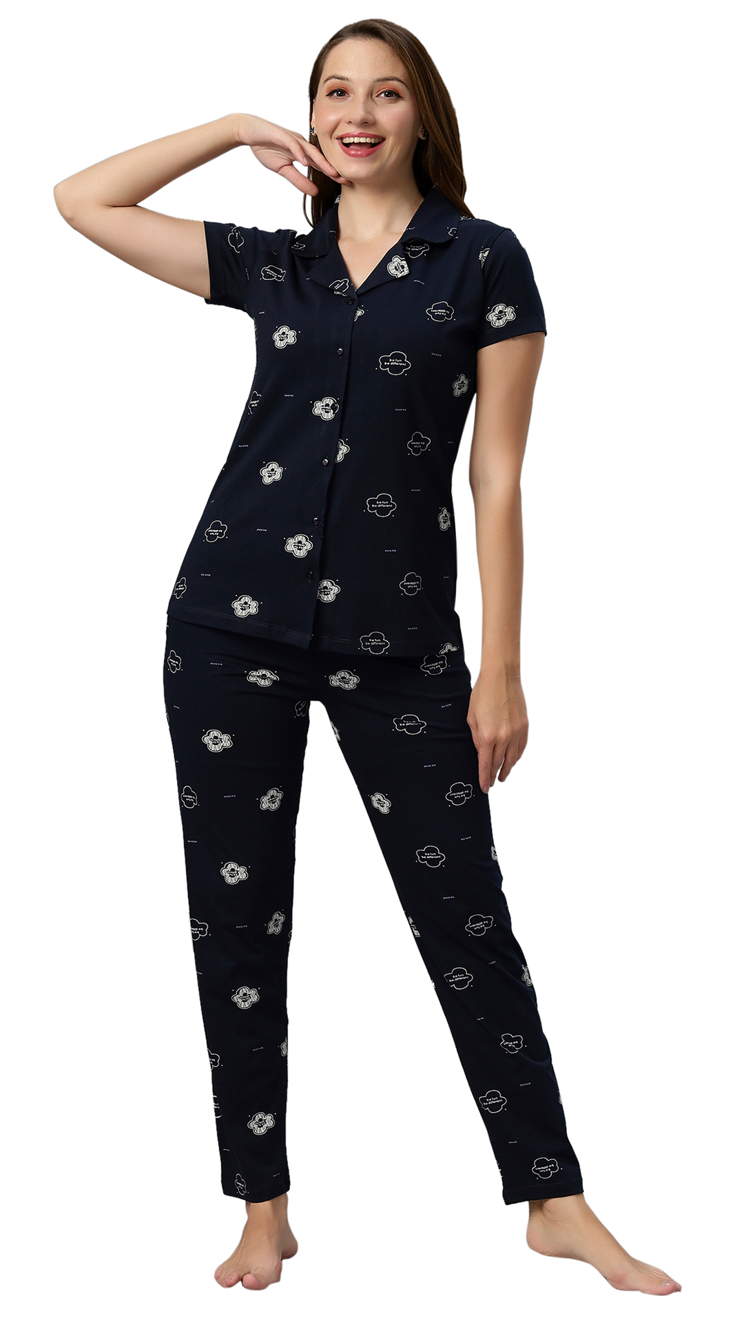 Sukanya Women's Navy Printed Half Sleeves Regular Fit Night Suit Set | Sinker Lounge Wear Pyjama Set Sleepwear Nightwear Loungewear