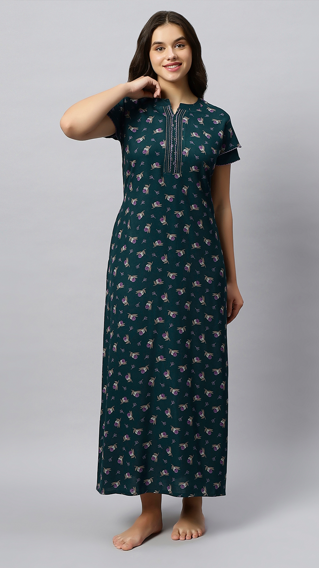 Sukanya Women's Floral Lounge Wear Gown - Regular Fit, Ideal for Women's, Lounge Wear,  Viscose Rayon, Floral, Half Sleeves, Round, Wine, Green & Mustard