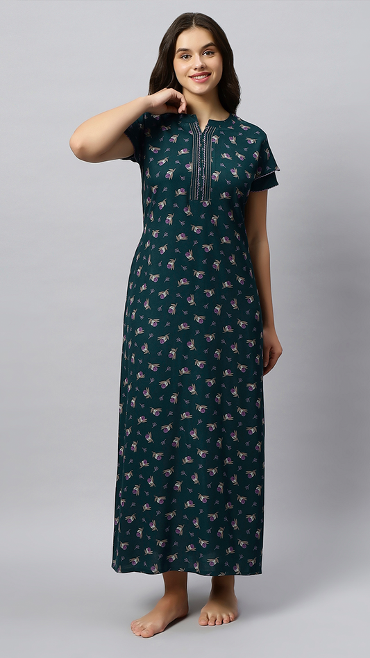 Sukanya Women's Floral Lounge Wear Gown - Regular Fit, Ideal for Women's, Lounge Wear,  Viscose Rayon, Floral, Half Sleeves, Round, Wine, Green & Mustard