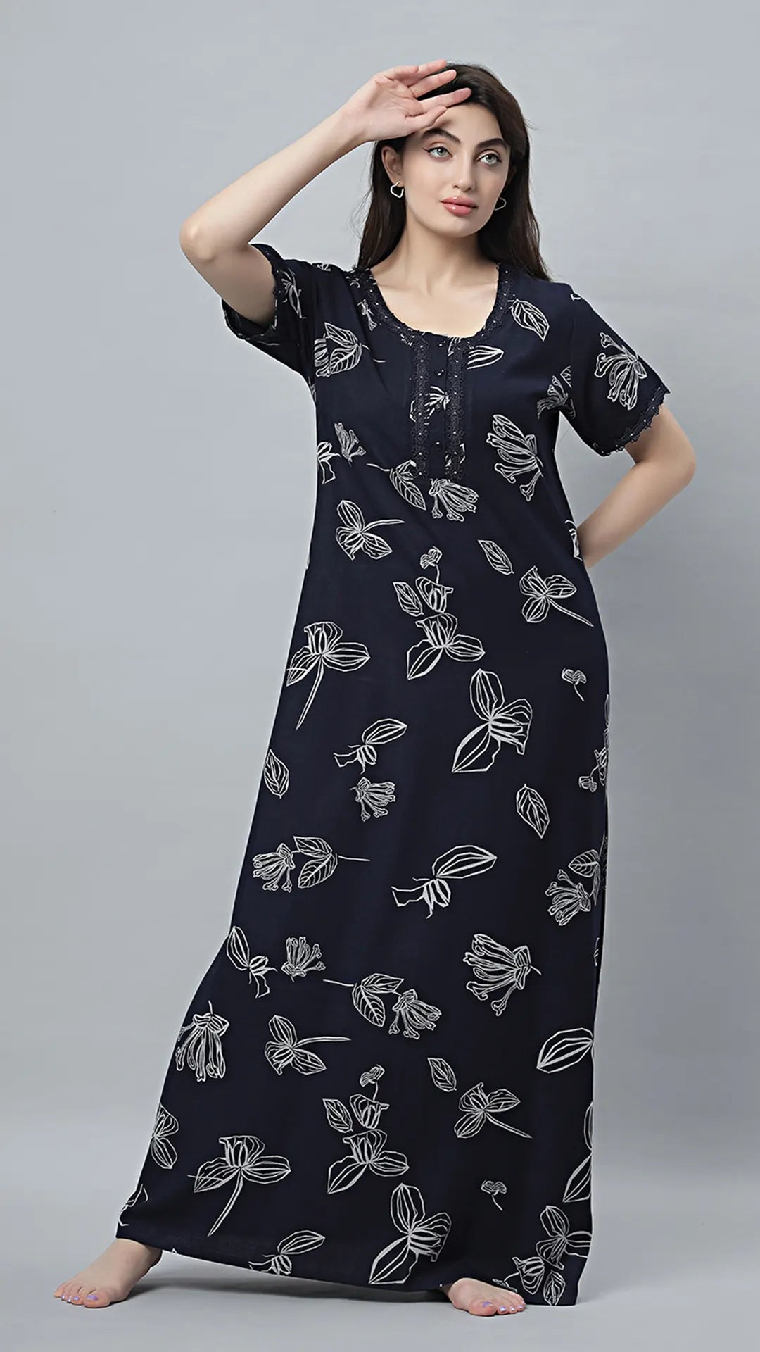 Sukanya Women's Black, Navy Blue & wine, Cotton Blend Printed Nighty - Half Sleeves, Round Neck, Long