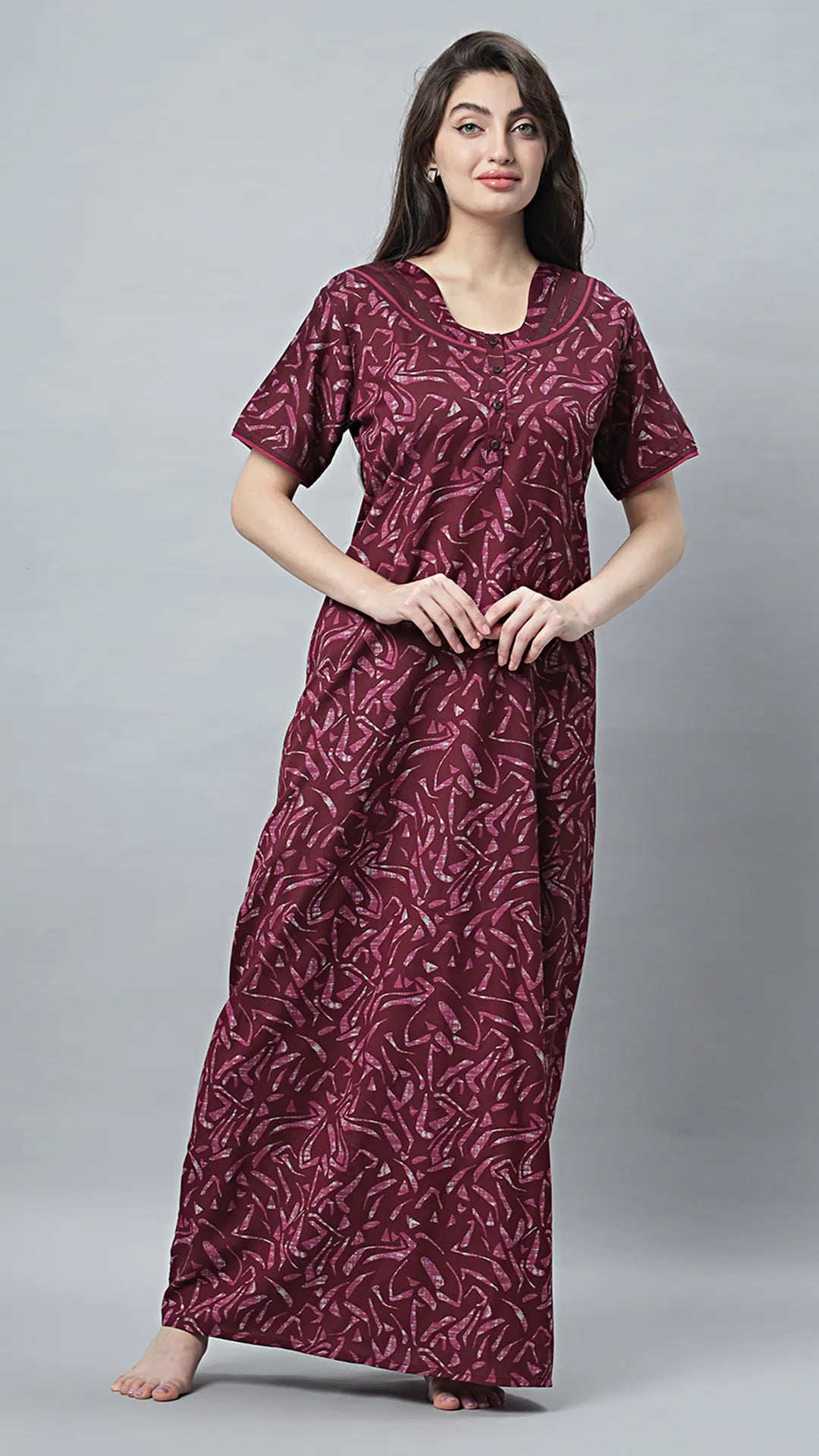 Sukanya Women's Black Cotton Blend Printed Nighty - Half Sleeves, Round Neck, Long
