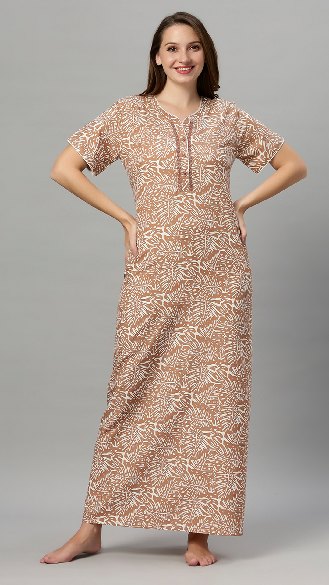 Sukanya Women's Printed Gowns - Poly Cotton, Regular Fit, Lounge Wear, Half Sleeves, V Neck, Green, Rust