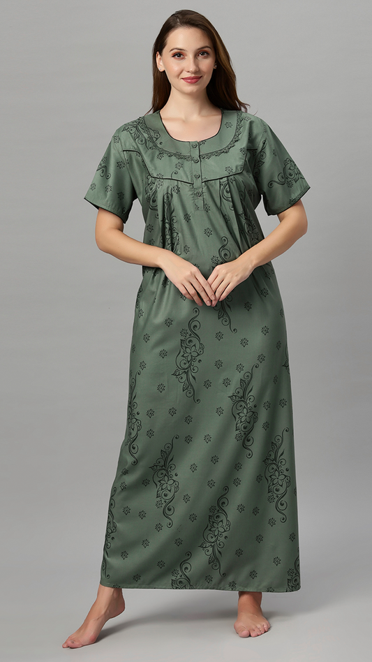 Sukanya Women's Floral Print Lounge Wear Gown - Polly Cotton, Regular Fit, Half Sleeves, Round Neck, Green, Yellow & Rust