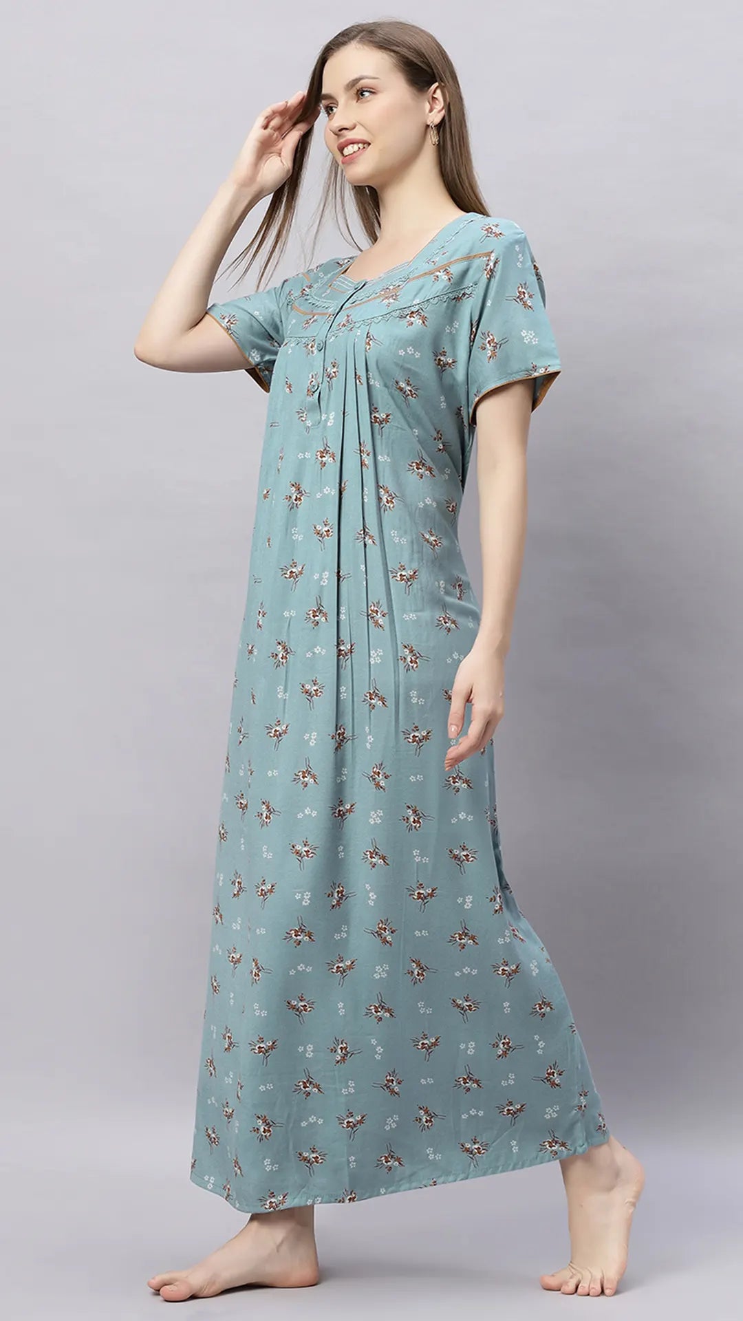 Sukanya Comfortable Women's Full Length Cotton Blend Half Sleeves Nighty, Soft and Elegant Print Sleepwear
