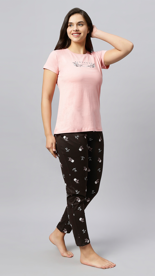 Sukanya Women's Printed Lounge Wear Top & Pyjama Set - Pink, Regular Fit, Ideal for Women's, Lounge Wear, Sinker Fabric, Half Sleeve, Round Neck