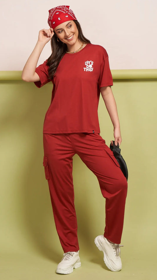 Lunica Women's Printed Sinker Nightsuit Set , Regular Fit Loungewear , Ideal for Women , Lounge Wear Nightdress Pyjama Set Sleepwear , Red Printed Half Sleeves Round Neck
