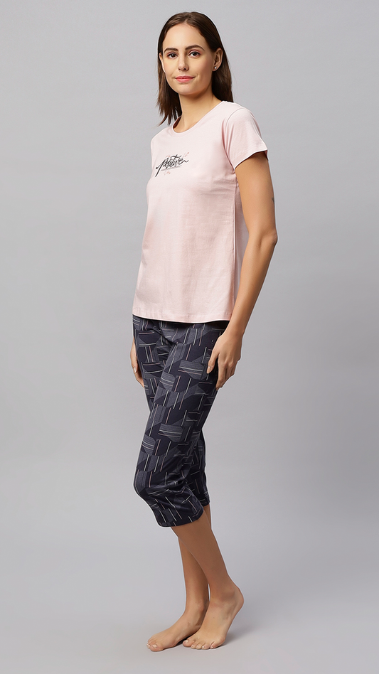 Sukanya Women's Printed Top & Capri Set - Light Pink, Regular Fit, Ideal For Lounge Wear, Sinker Fabric, Half Sleeve, Round Neck