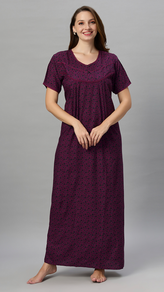 Sukanya Women's Floral Print Gown - Poly Cotton, Regular Fit, Lounge Wear, Half Sleeves, Round Neck, Wine, Green & Mustard