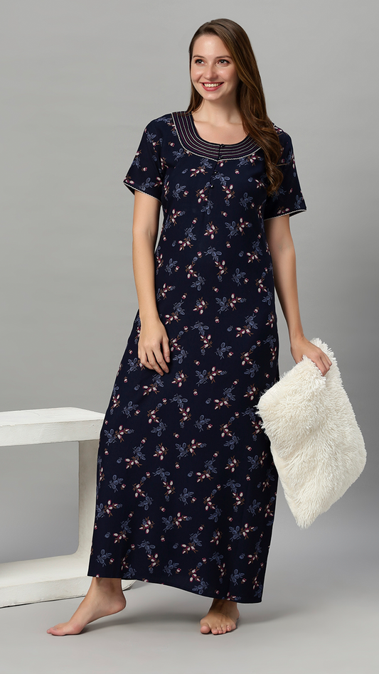 Sukanya Women's Leaf Print Lounge Wear Gown -VISCOSE POLYSTER, Regular Fit, Half Sleeves, Round Neck