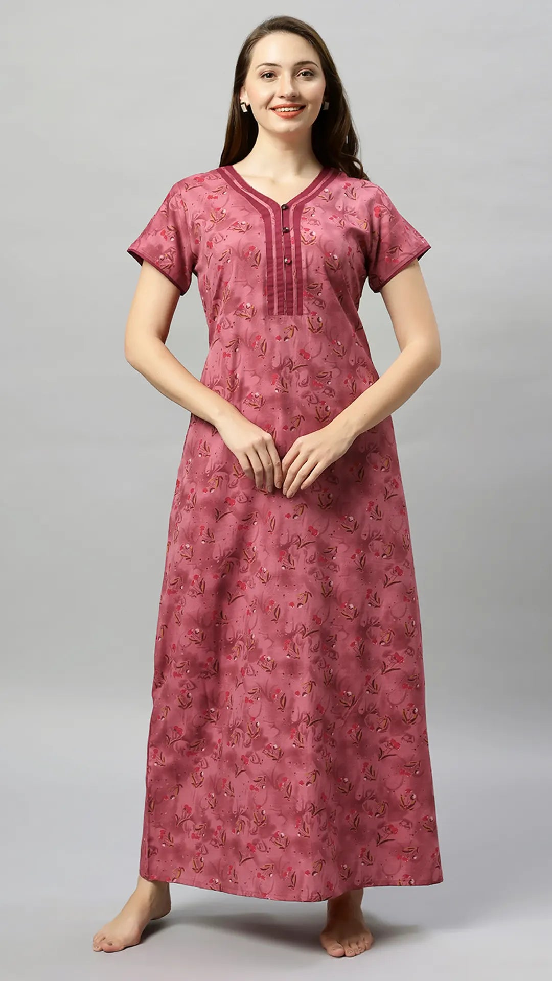 Sukanya Women's Blue, Green & Red, Floral Printed Poly Cotton Lounge Wear Gown - Regular Fit, V-neck, Half Sleeves