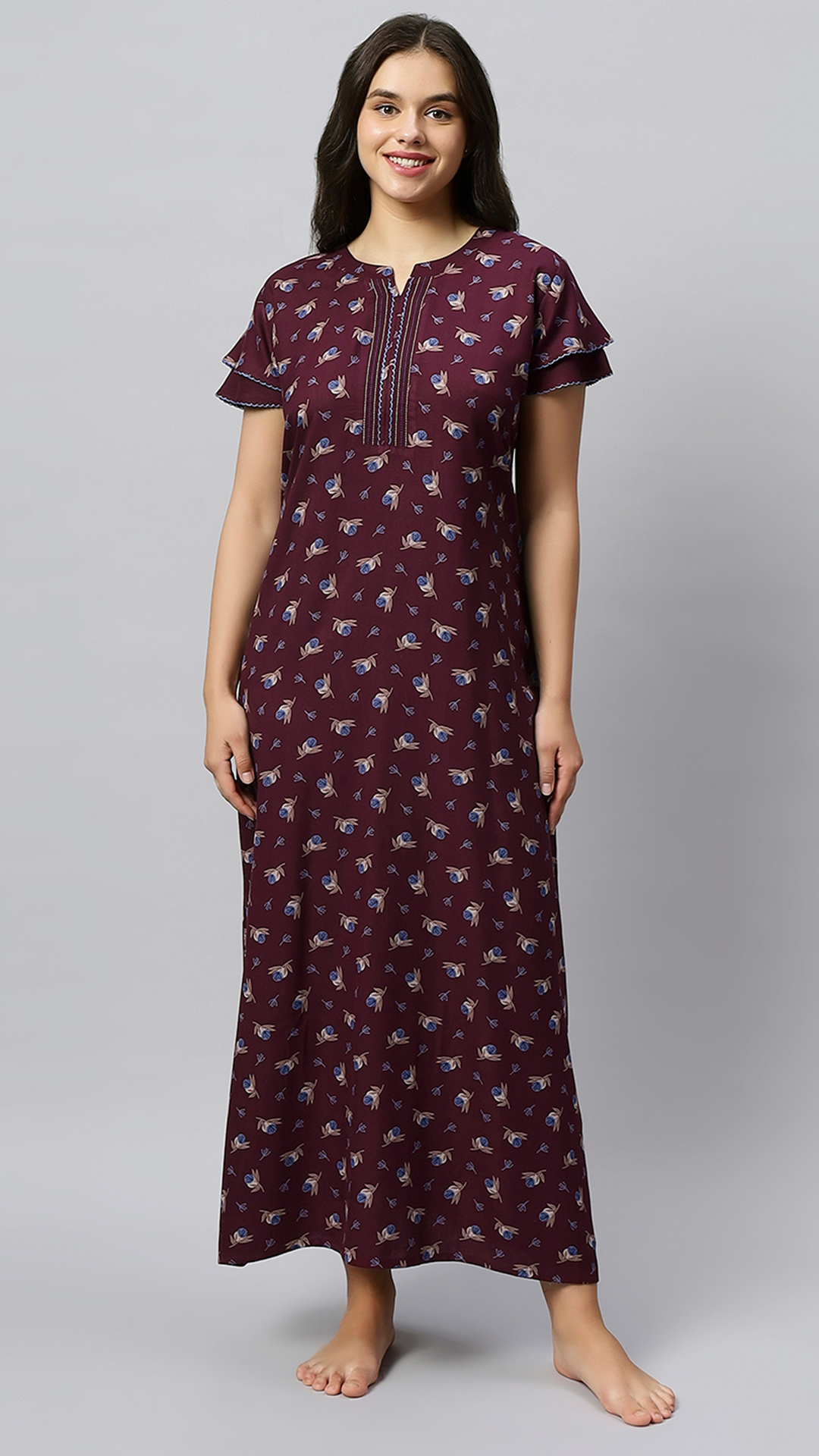 Sukanya Women's Floral Lounge Wear Gown - Regular Fit, Ideal for Women's, Lounge Wear,  Viscose Rayon, Floral, Half Sleeves, Round, Wine, Green & Mustard