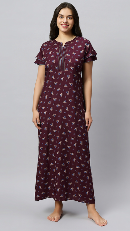 Sukanya Women's Floral Lounge Wear Gown - Regular Fit, Ideal for Women's, Lounge Wear,  Viscose Rayon, Floral, Half Sleeves, Round, Wine, Green & Mustard