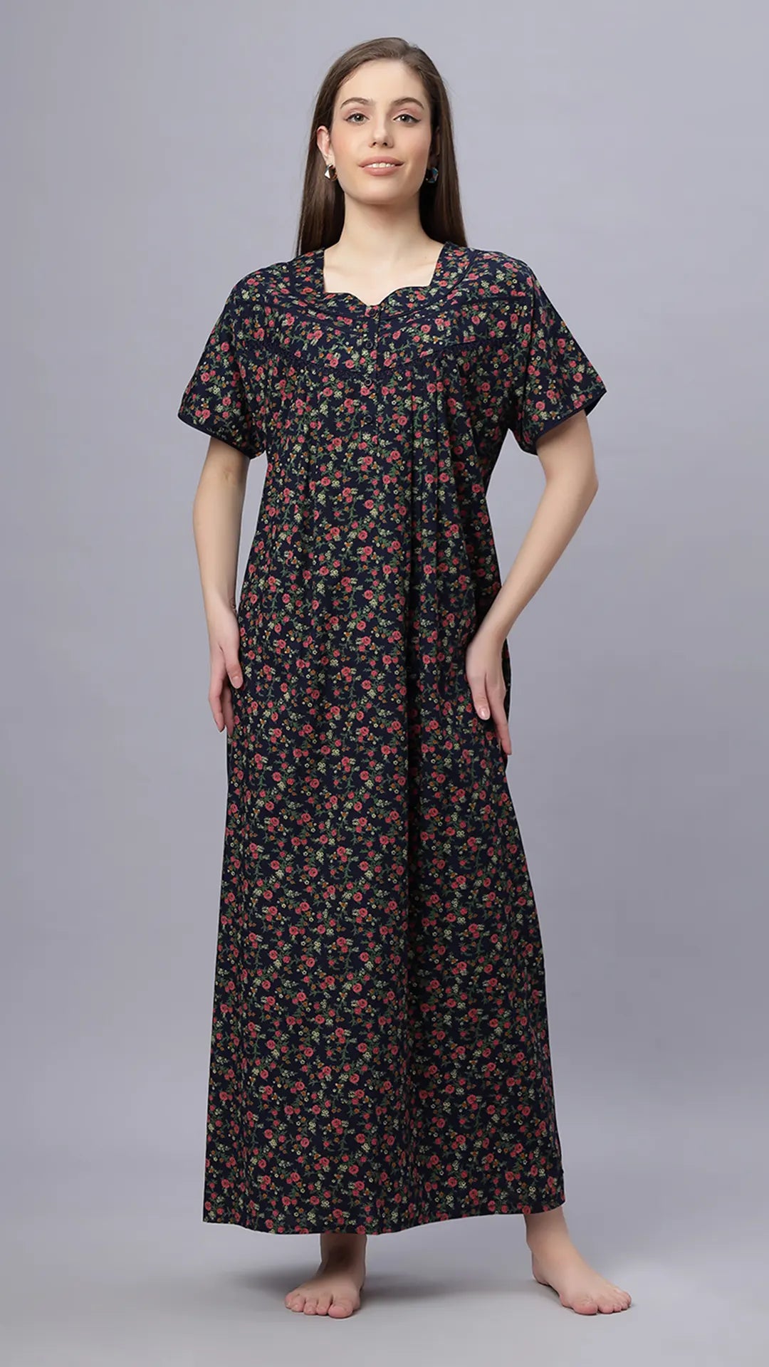 Sukanya Comfortable Women's Full Length Cotton Blend Half Sleeves Nighty, Red, Black & Blue, Soft and Elegant Print Sleepwear