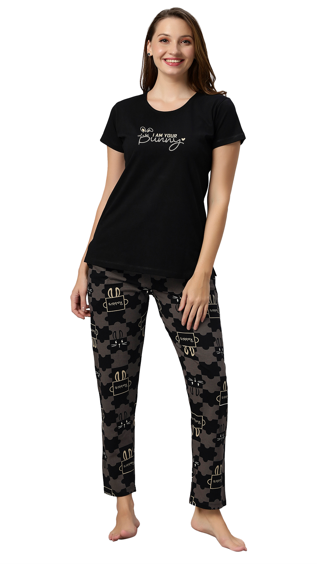 Sukanya Women's Printed Sinker Nightsuit Set | Regular Fit Loungewear | Ideal for Women | Lounge Wear Nightdress Pyjama Set Sleepwear | Black Printed Half Sleeves Collar Neck
