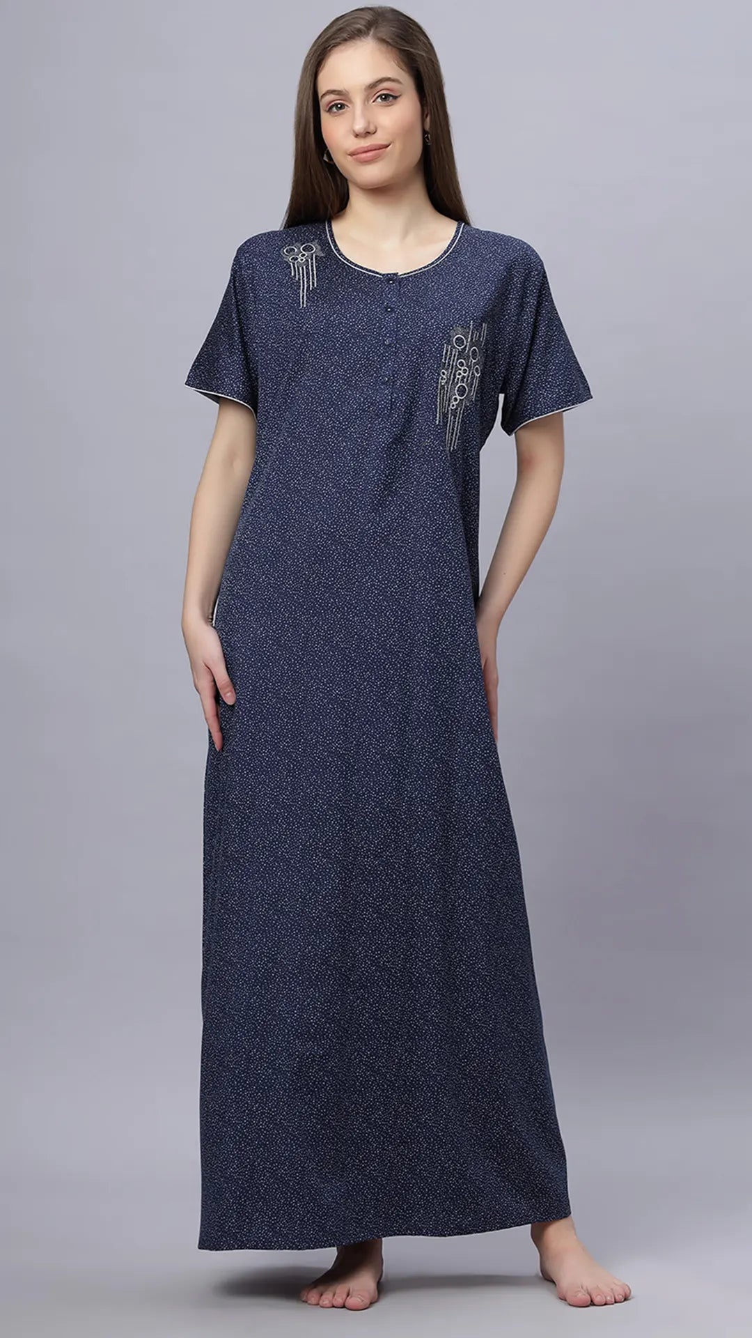 Sukanya Comfortable Women's Full Length Cotton Blend Half Sleeves Nighty, Black, Blue & Maroon, Soft and Elegant Print Sleepwear